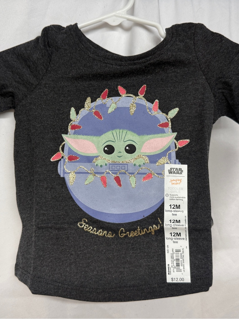 Grogu Star Wars Christmas Lights Long Sleeve Baby Girls Tshirt Size 12 Months